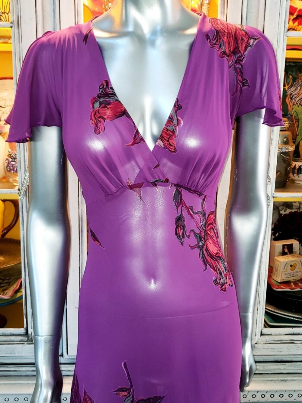 Vintage Betsey Johnson New York 90s Sheer Purple Floral Rose Midi Slip Dress - Picture 12 of 14